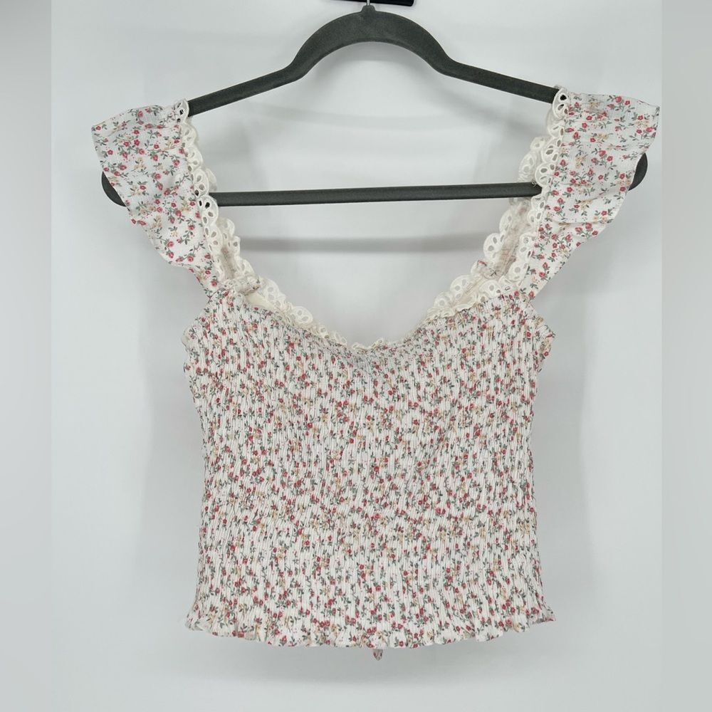 Princess Polly Floral Smocked Linen Blend Keyhole Top Size 4 - Picture 6 of 6